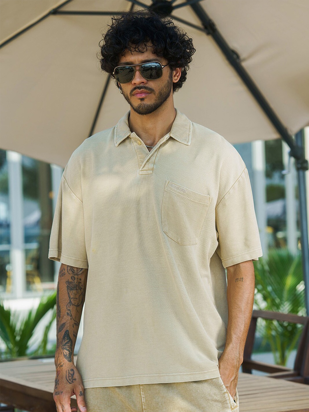 

Bonkers Corner Beige Relaxed Fit Polo Collar Pocket Detail Cotton T-shirt