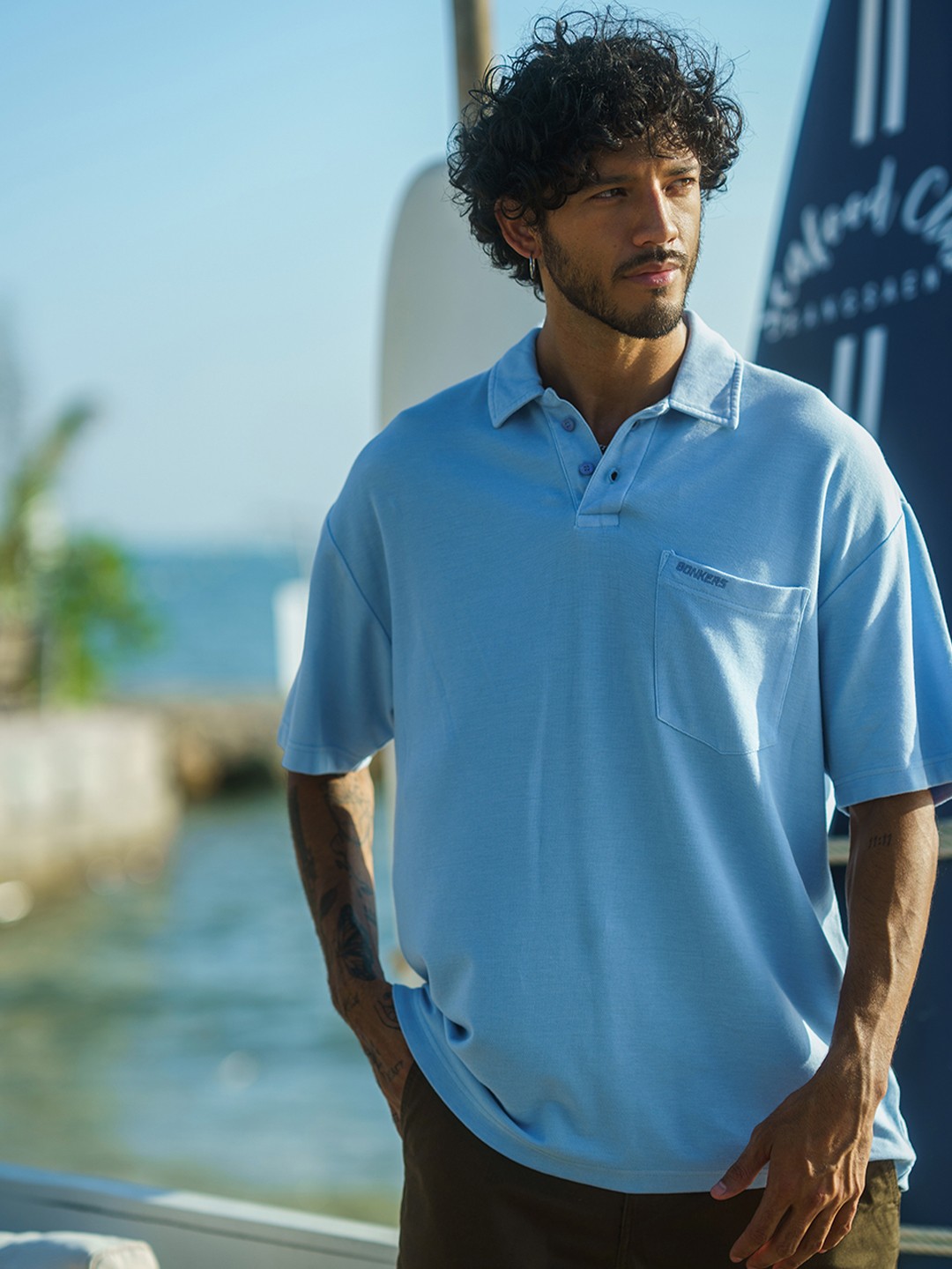 

Bonkers Corner Blue Polo Collar Drop-Shoulder Sleeves Cotton Relaxed Fit T-shirt
