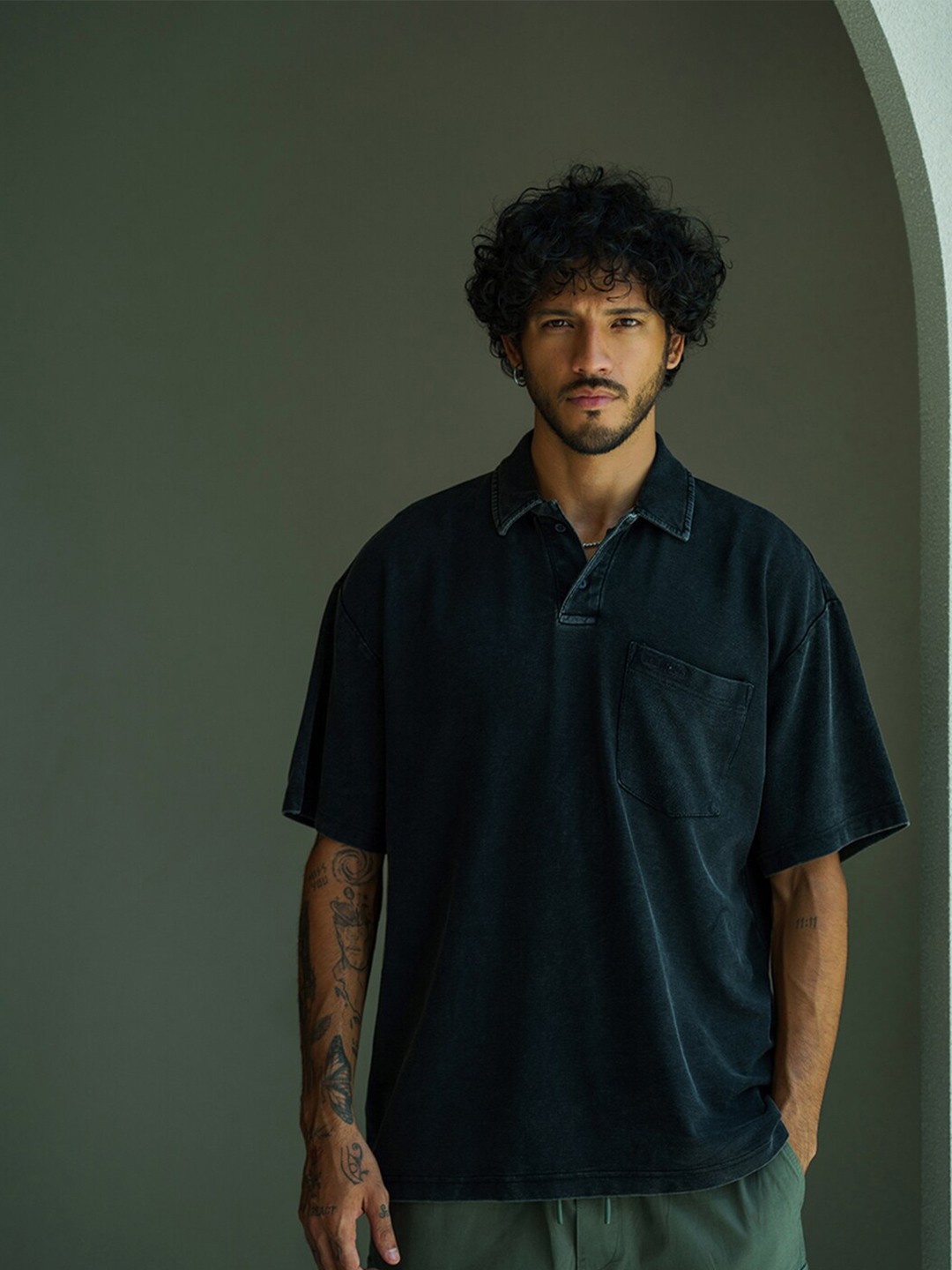 

Bonkers Corner Navy Blue Polo Collar Drop Shoulder Sleeves Cotton Relaxed Fit T-shirt