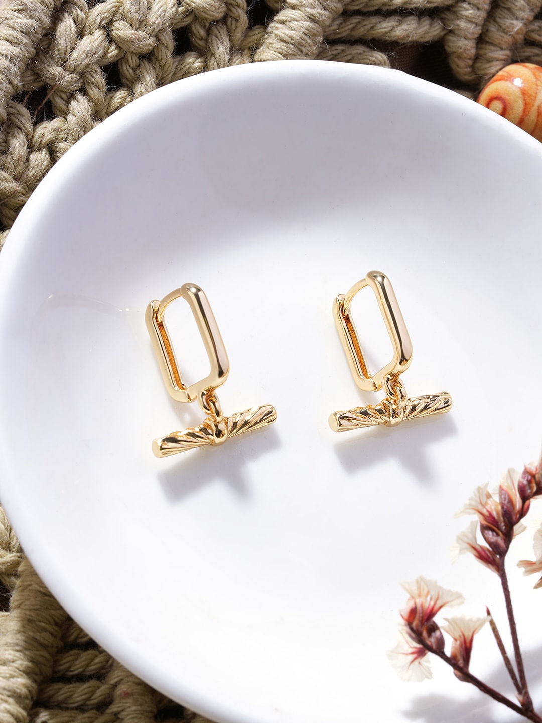 

Accessorize 14K Gold Plated Gold Z Sunray T-Bar Drop Rectangular Huggies Earrings