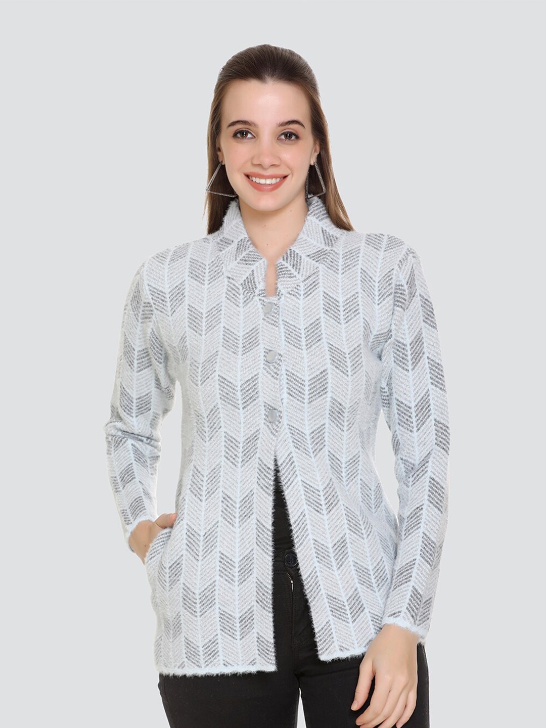 

ELPIDA Geometric Printed Woollen Cardigan, Blue
