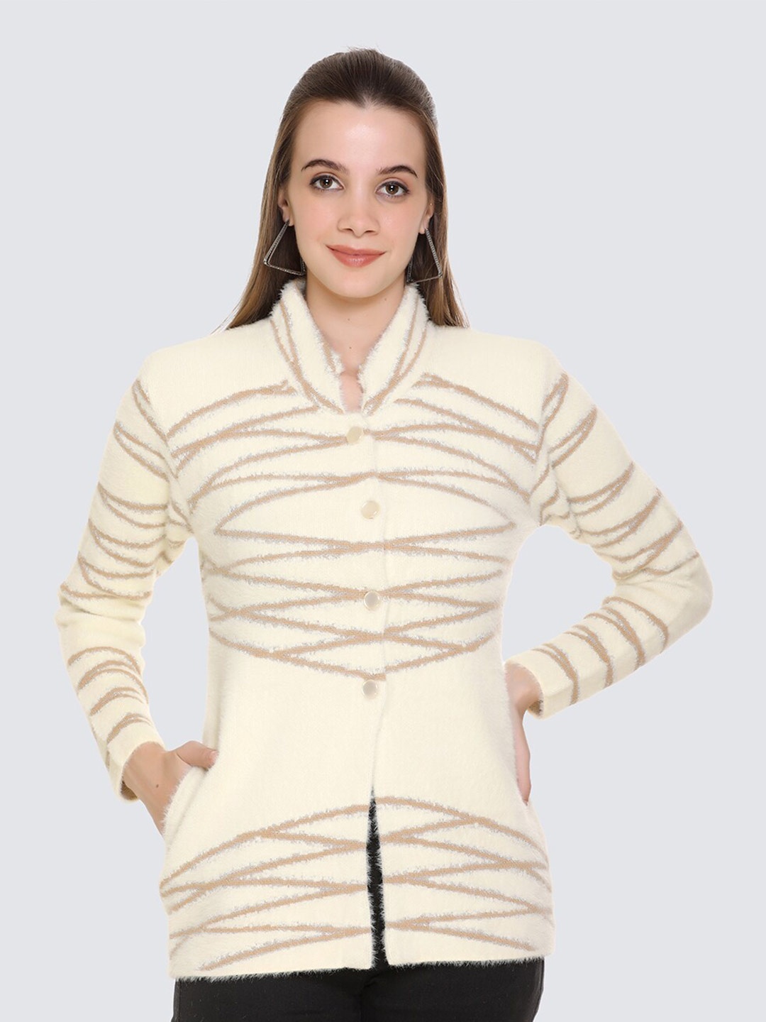 

ELPIDA Self Design Woollen Cardigan, Beige