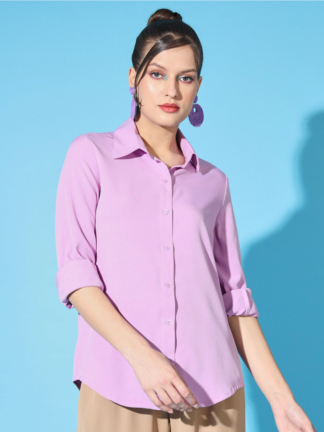 

angloindu Women Lavender Opaque Casual Shirt