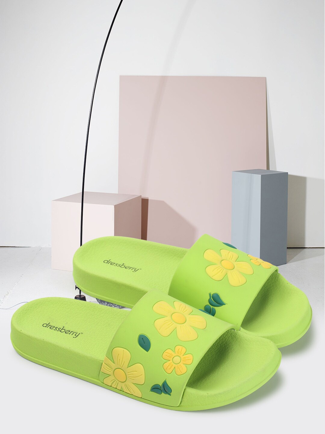 

DressBerry Women Green & Yellow Floral Embossed Sliders