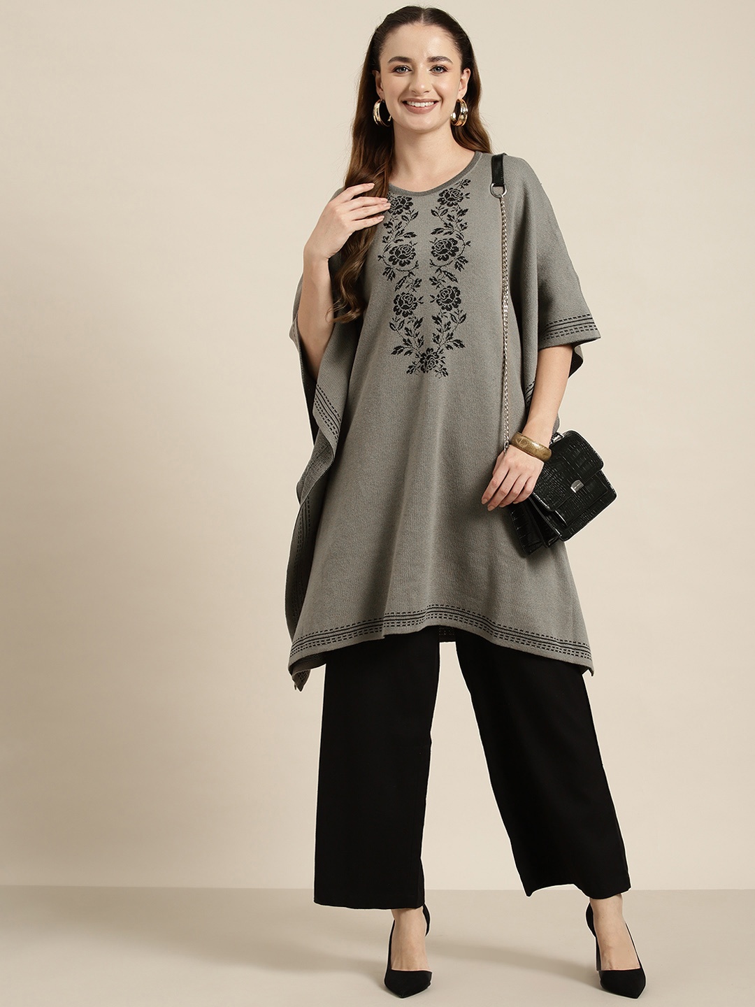 

HERE&NOW Ethnic Motifs Woven Design Flared Sleeves Kaftan Kurta, Grey