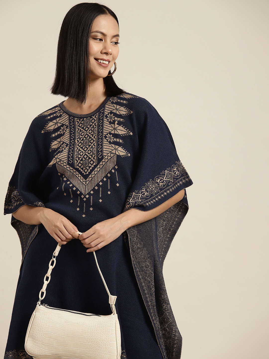 

HERE&NOW Ethnic Motifs Woven Design Flared Sleeves Kaftan Kurta, Navy blue