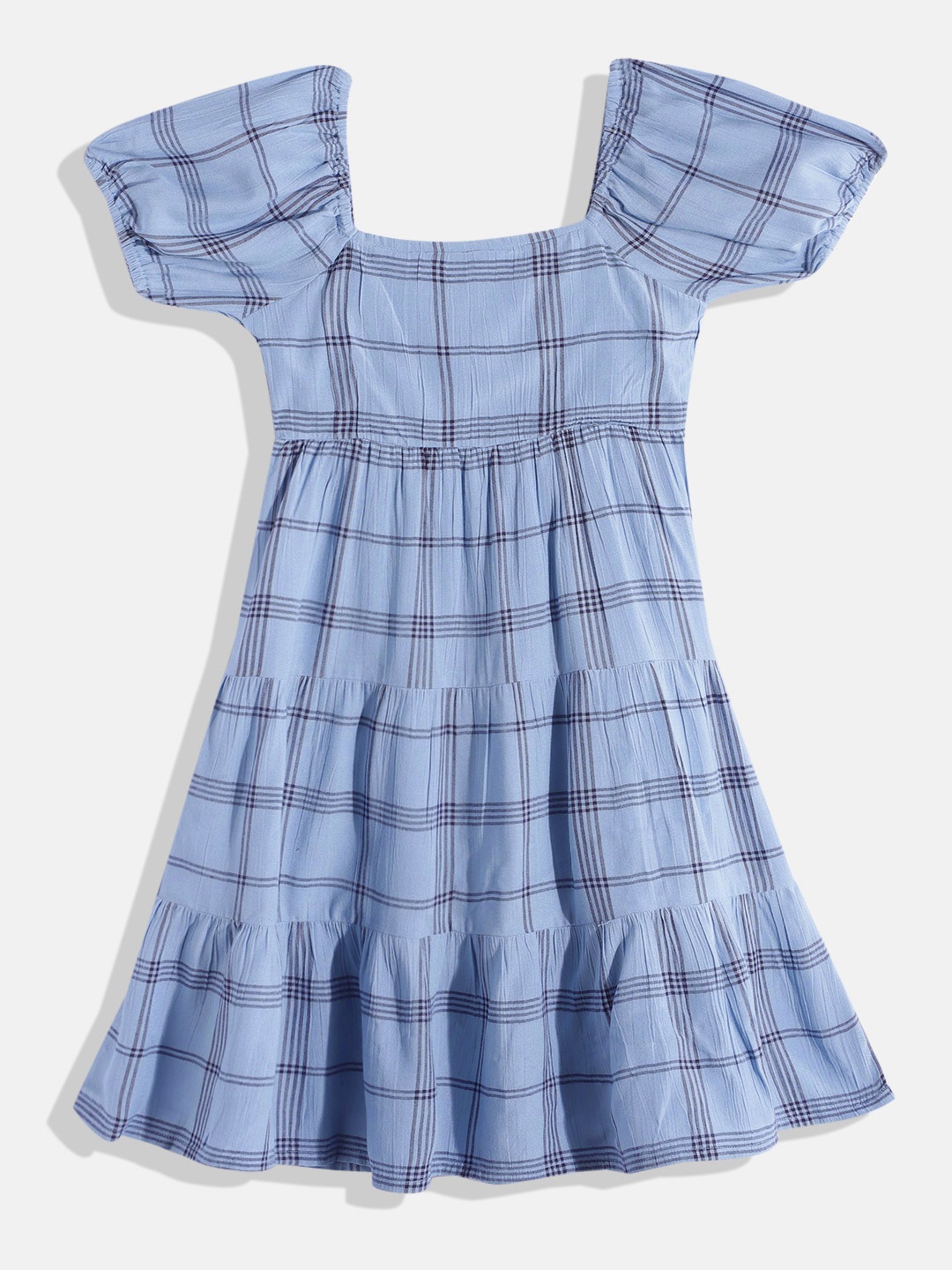 

HERE&NOW Pure Cotton Checked Puff Sleeve Fit & Flare Dress, Blue