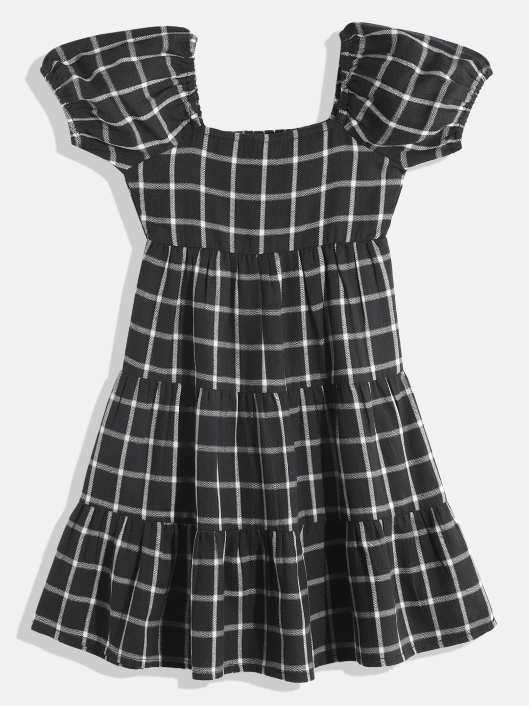 

HERE&NOW Pure Cotton Checked Puff Sleeve Fit & Flare Dress, Black