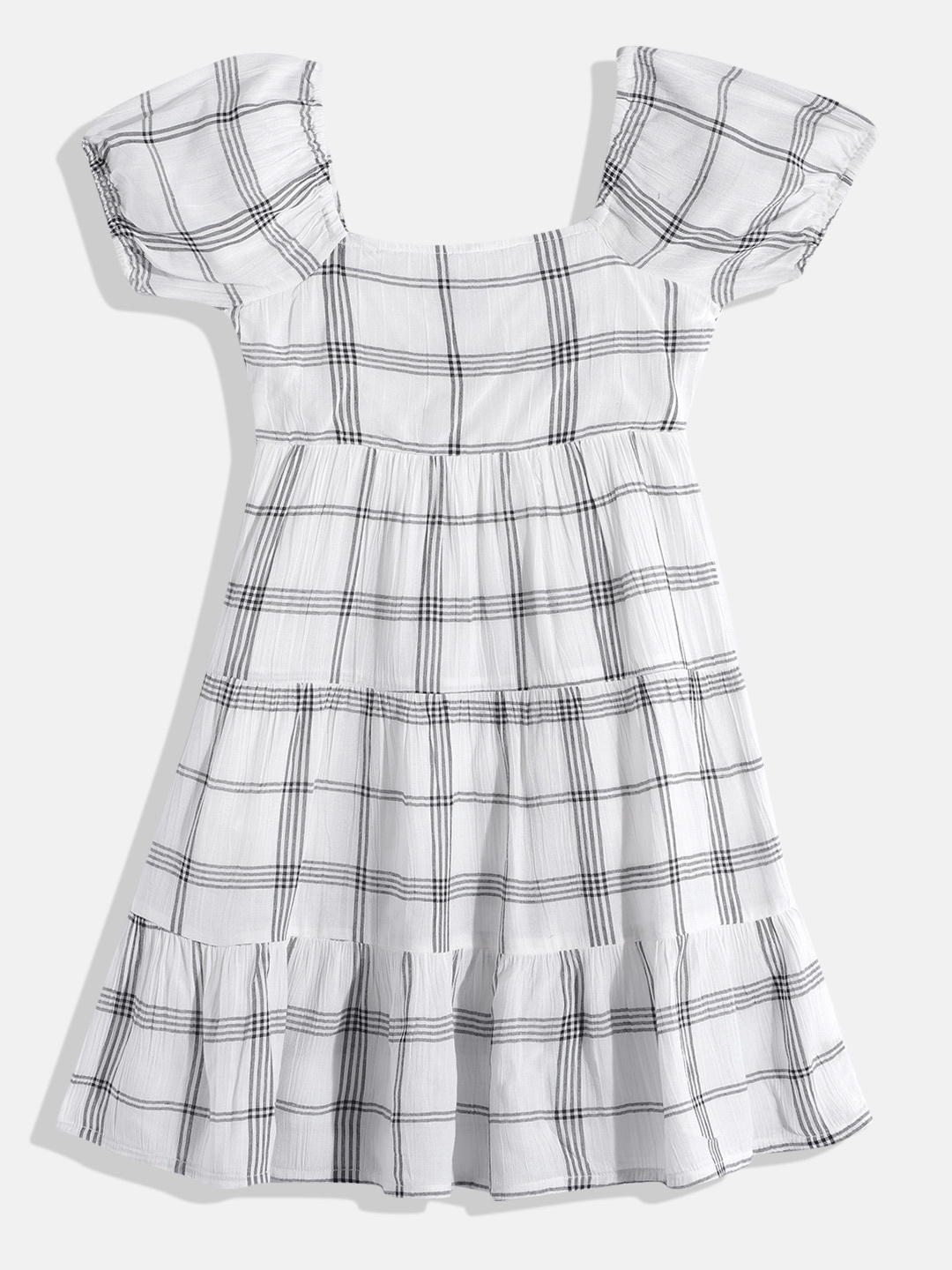 

HERE&NOW Pure Cotton Checked Puff Sleeve Fit & Flare Dress, White