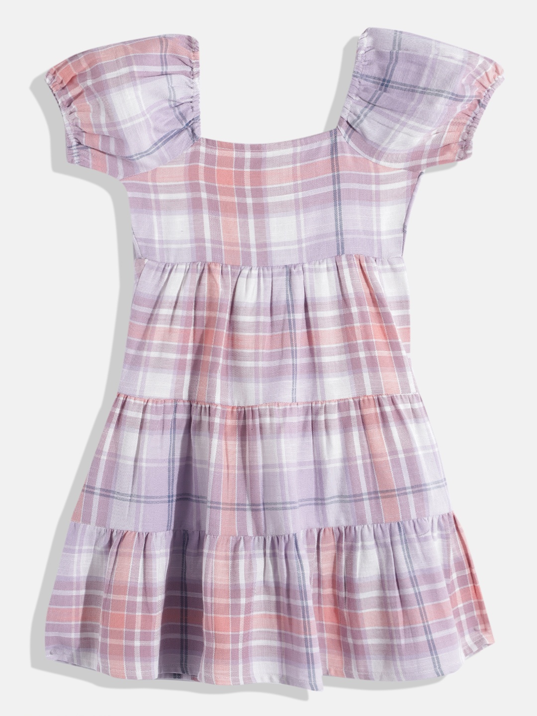 

HERE&NOW Pure Cotton Checked Puff Sleeve Fit & Flare Dress, Lavender
