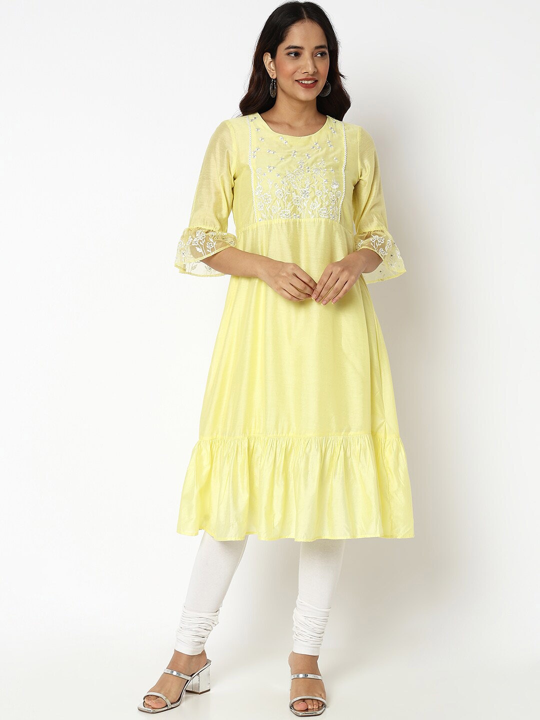 

NYLANGAN Women Thread Work Anarkali Kurta, Yellow