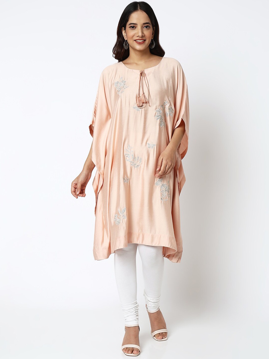 

NYLANGAN Floral Embroidered Keyhole Neck Kaftan Chanderi Silk Kurta, Pink
