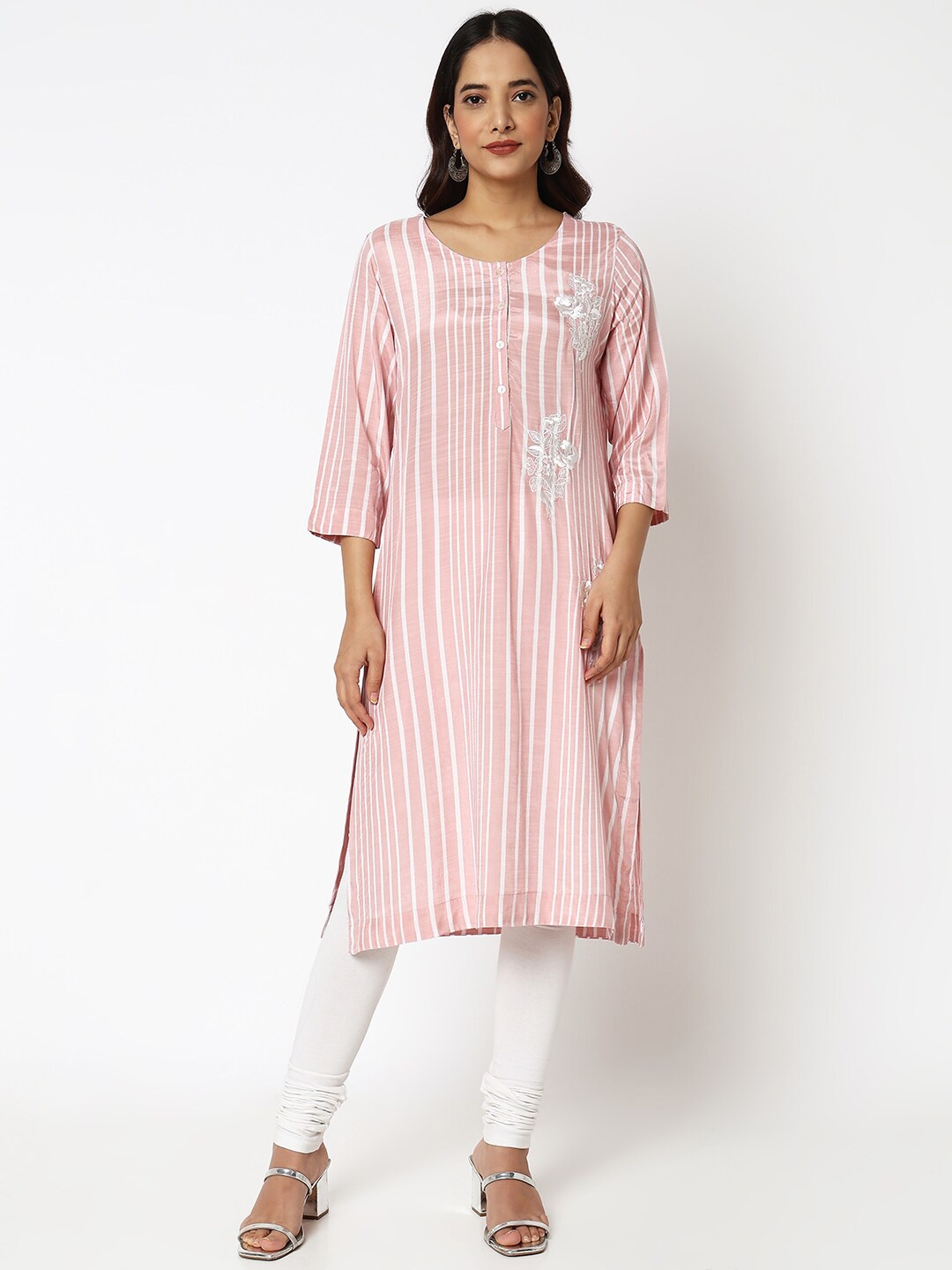 

NYLANGAN Striped Straight Fit Kurta, Pink