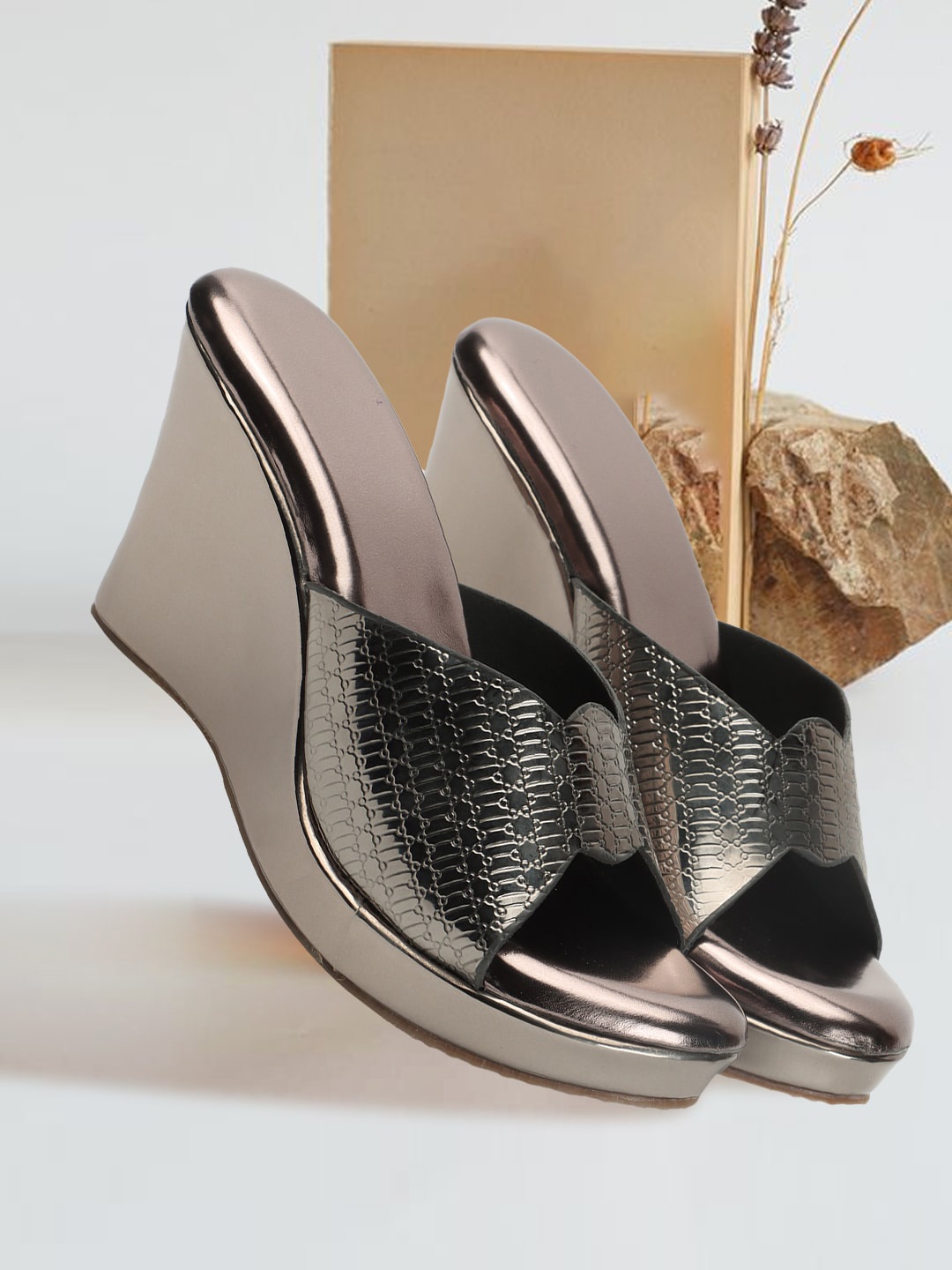 

DressBerry Grey Textured Party Open Toe Wedges