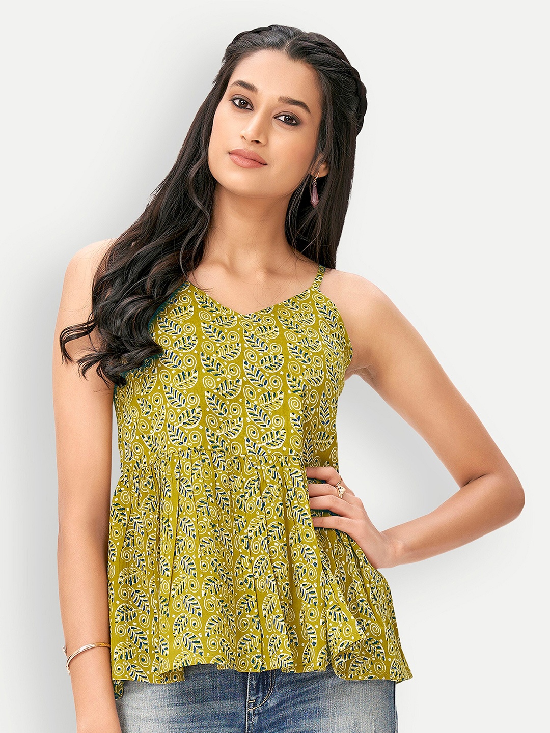 

DRESOUL Floral Printed Shoulder Strap Cotton Empire Top, Green