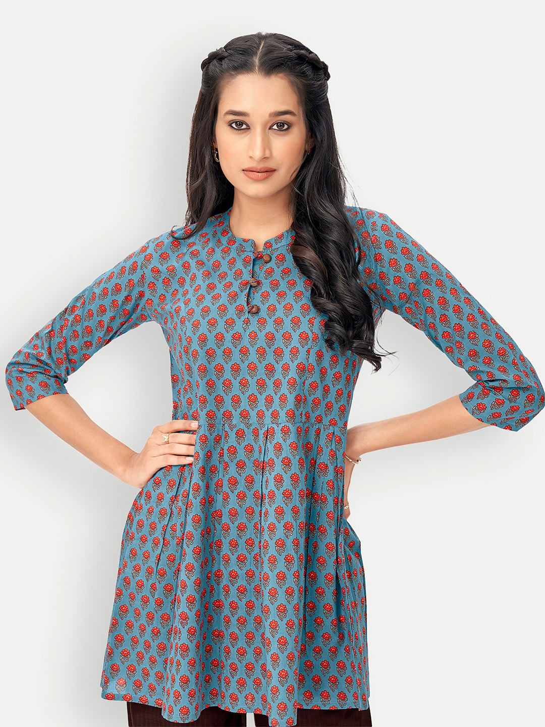 

DRESOUL Ethnic Motifs Printed Mandarin Collar Cotton A-Line Top, Blue