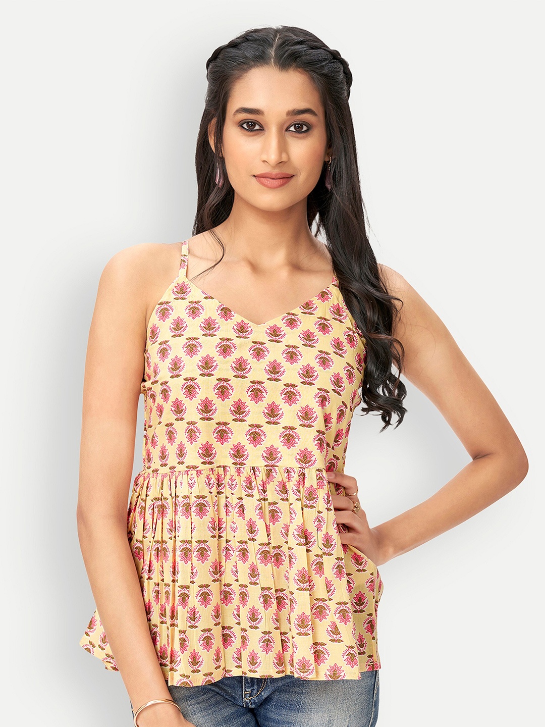 

DRESOUL Ethnic Motifs Printed Pure Cotton Top, Yellow