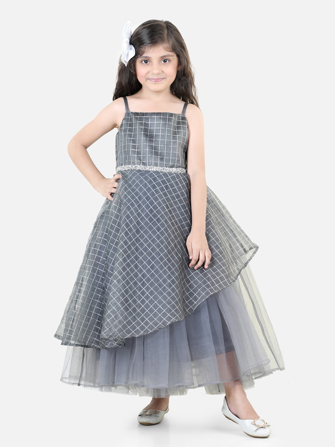

Toy Balloon kids Girls Checked Fit & Flare Maxi Dress, Grey