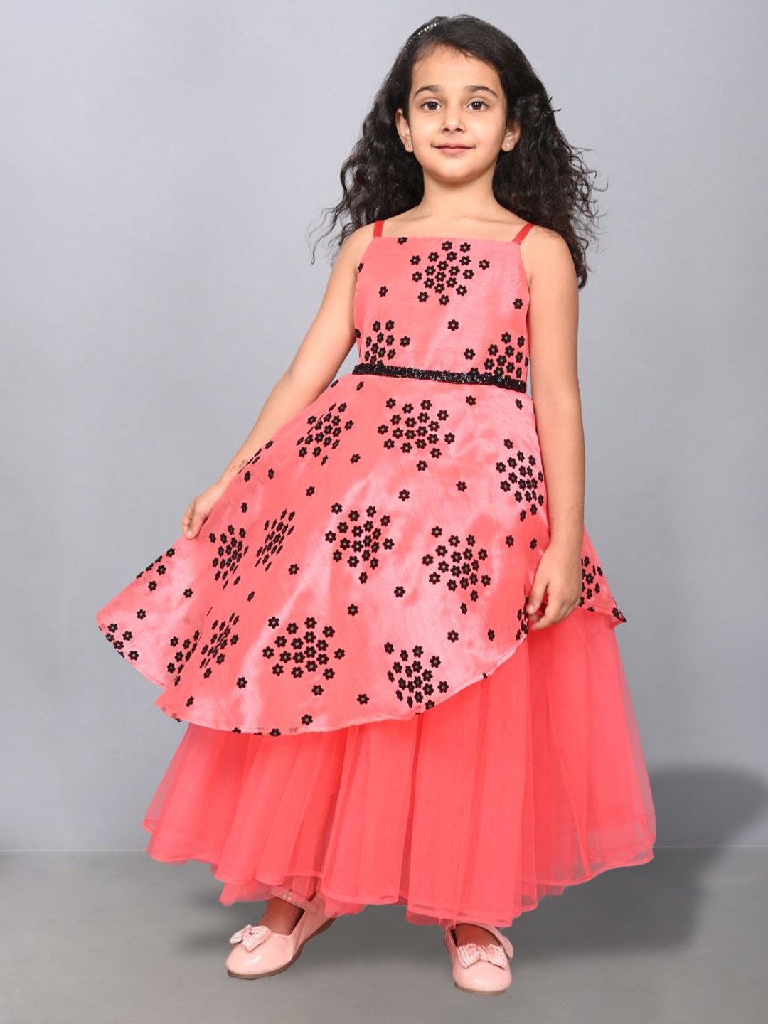 

Toy Balloon kids Girls Embellished Floral Printed Layered Fit & Flare Maxi Dress, Coral