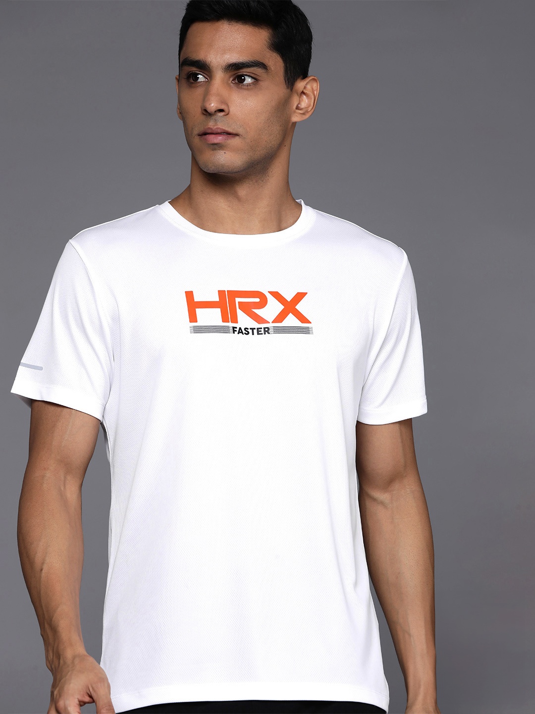 HRX by Hrithik Roshan Brand Logo Printed Reflective Detailed Rapid-Dry Running T-shirt, White