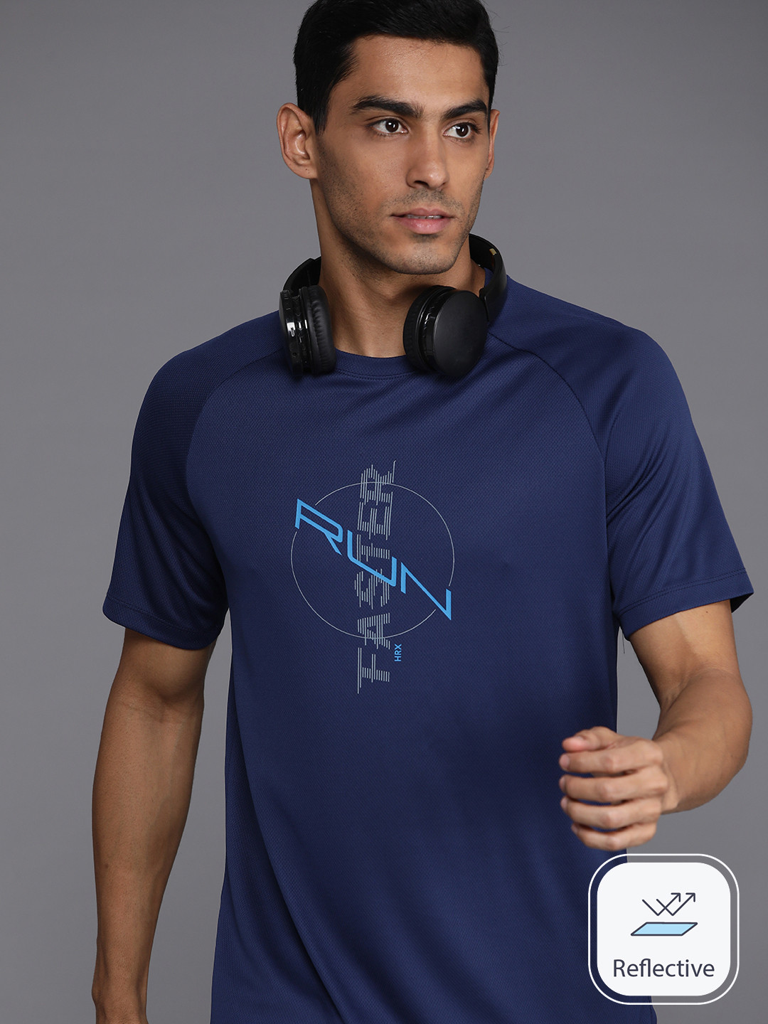 

HRX by Hrithik Roshan Typography Print Rapid-Dry Running T-shirt, Navy blue