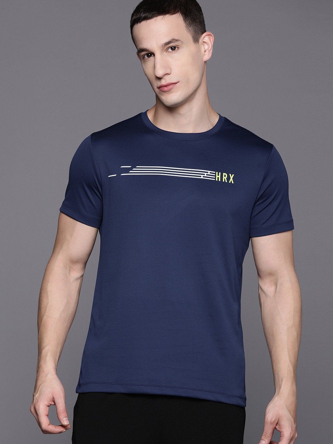 

HRX by Hrithik Roshan Brand Logo Printed Reflective Detailed Rapid-Dry Running T-shirt, Navy blue