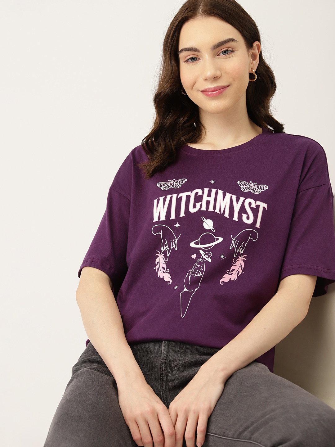 

DressBerry Printed Pure Cotton Oversized T-shirt, Purple