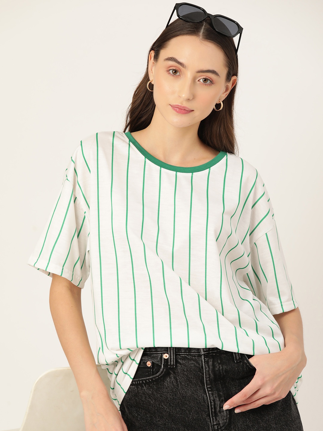 

DressBerry Striped Oversized Pure Cotton T-shirt, Off white