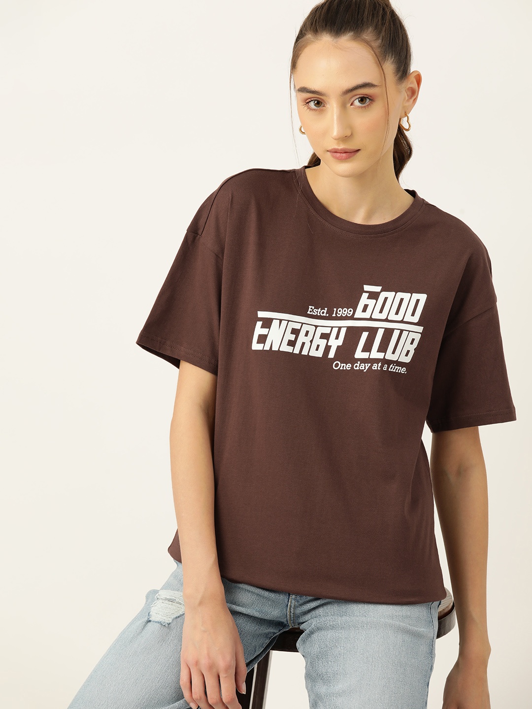 

DressBerry Typography Printed Drop-Shoulder Sleeves Pure Cotton T-shirt, Brown