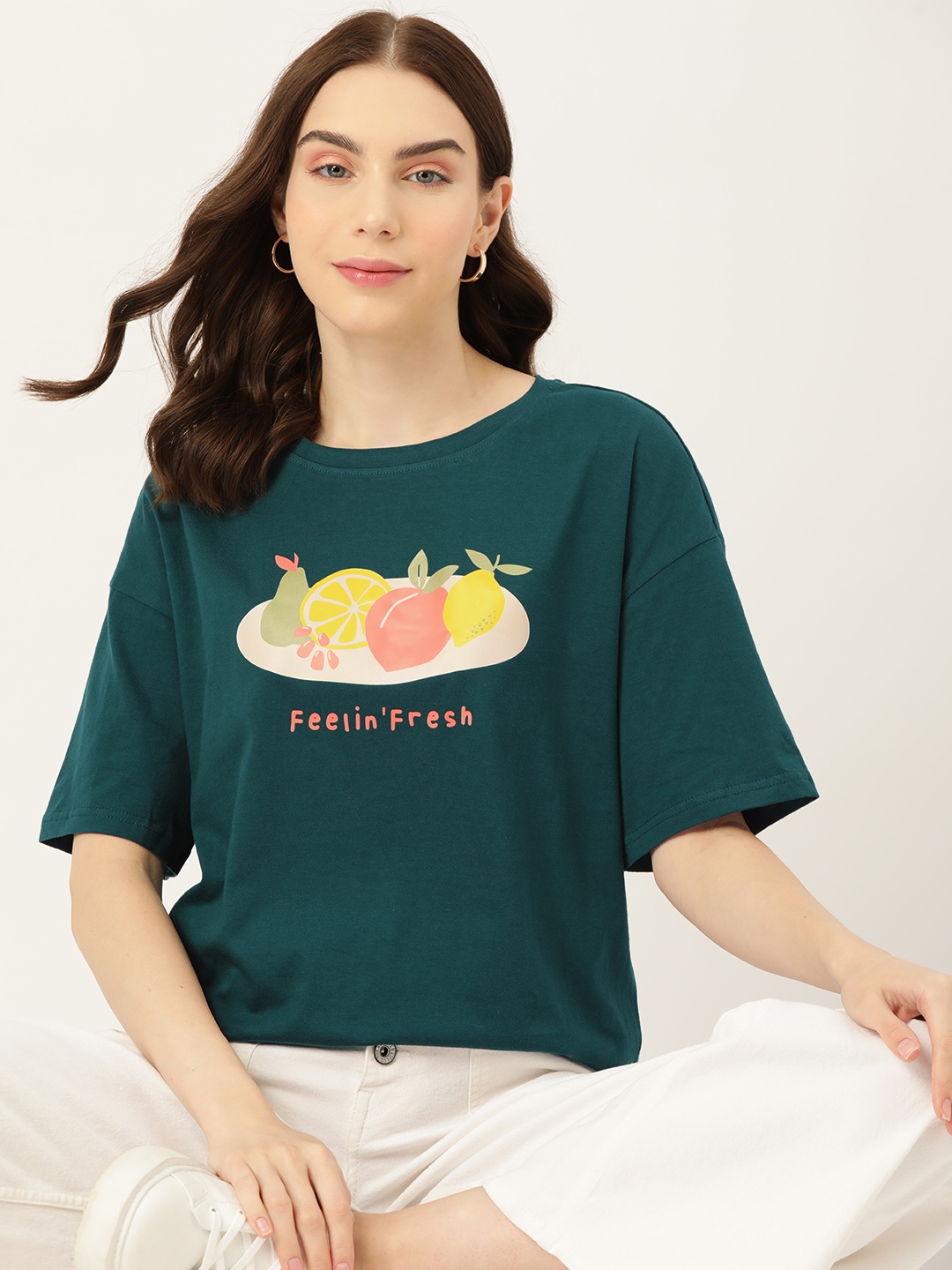 

DressBerry Typography Printed Drop-Shoulder Pure Cotton T-shirt, Green