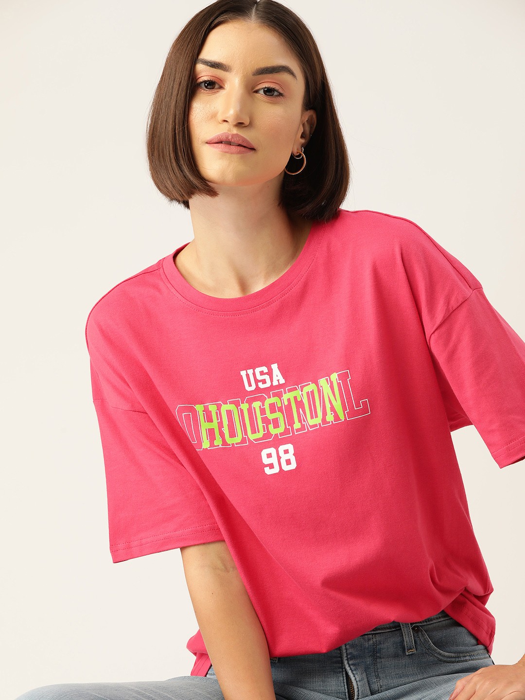 

DressBerry Pure Cotton Typography Printed Oversized T-shirt, Pink