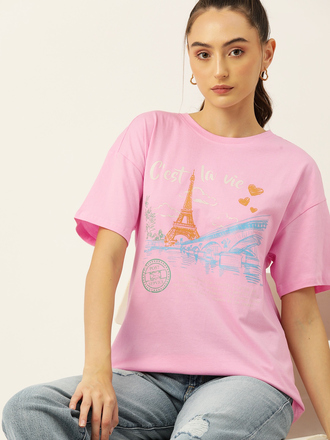 

DressBerry Eiffel Tower Printed Drop-Shoulder Sleeves Pure Cotton T-shirt, Pink