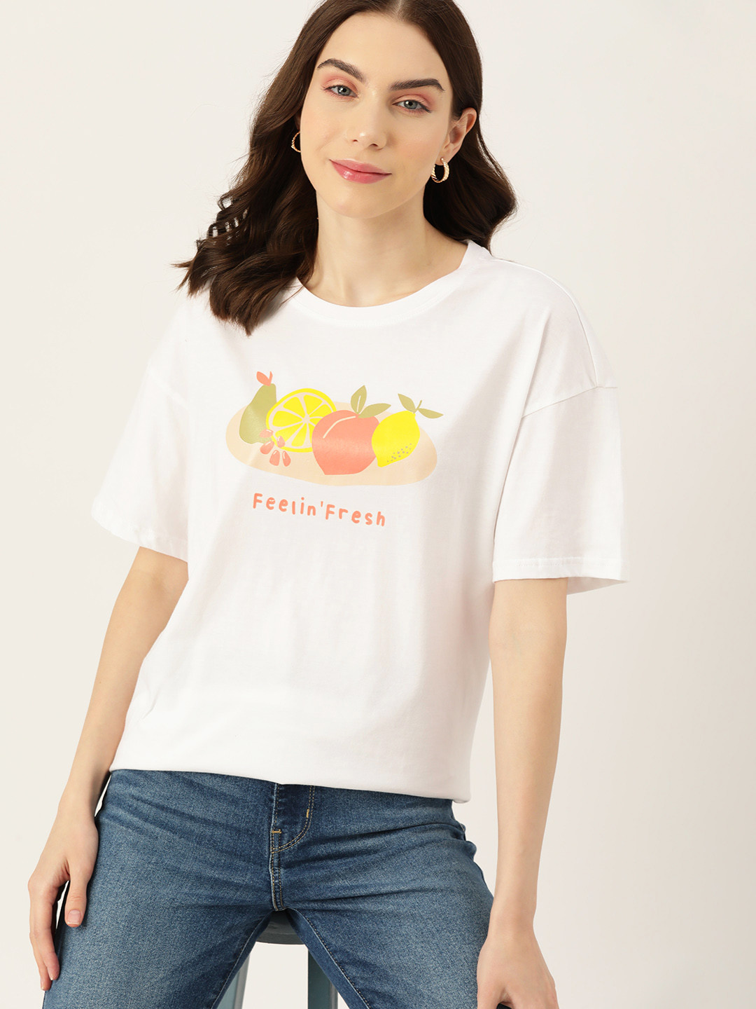 

DressBerry Graphic Printed Drop-Shoulder Sleeves Pure Cotton T-shirt, White