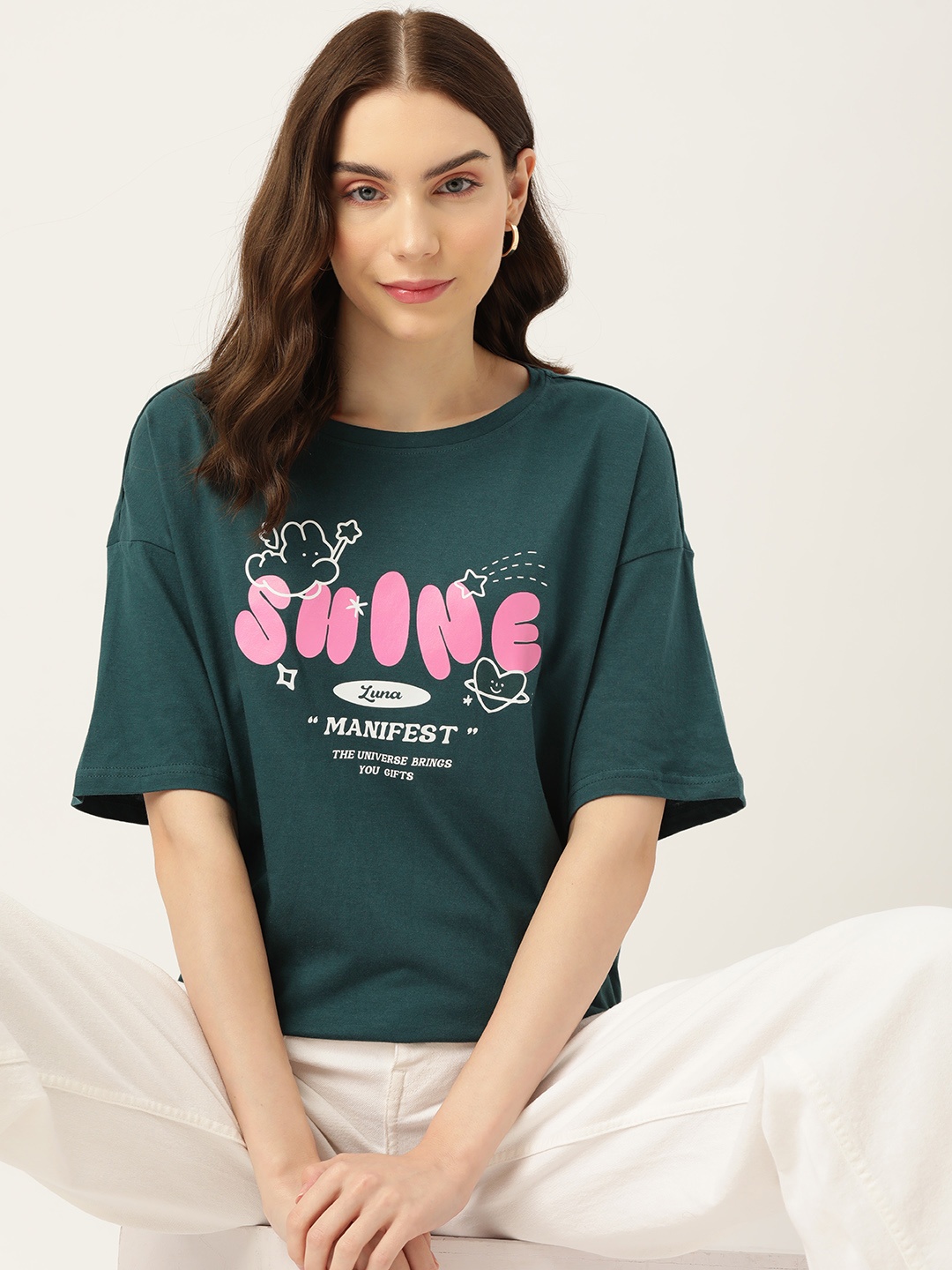 

DressBerry Typography Printed Drop-Shoulder Sleeves Pure Cotton T-shirt, Green