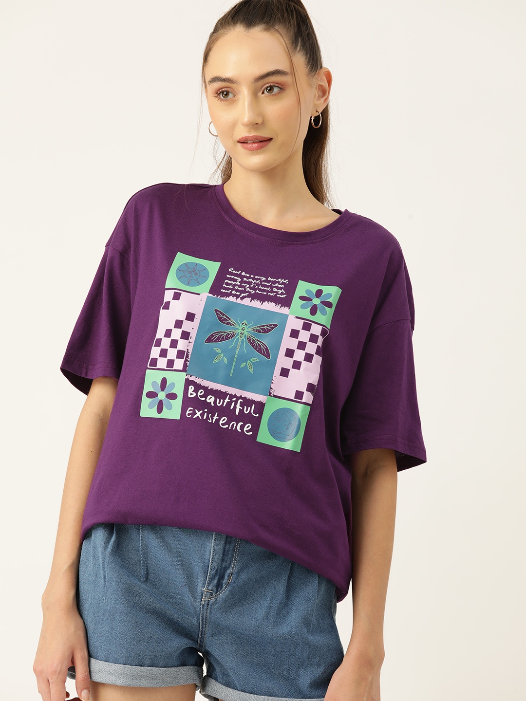 

DressBerry Women Printed Pure Cotton T-shirt, Purple