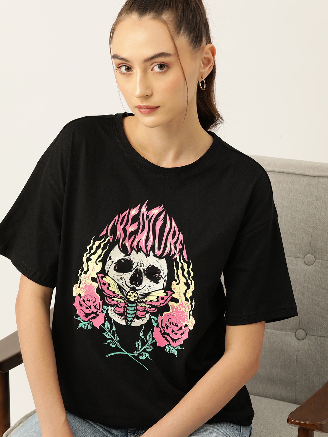 

DressBerry Women Printed Pure Cotton T-shirt, Black