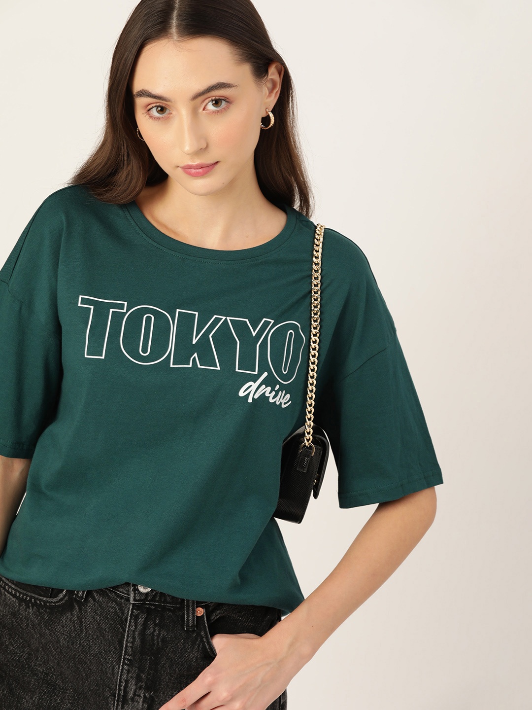 

DressBerry Typography Print Oversized Pure Cotton T-shirt, Green