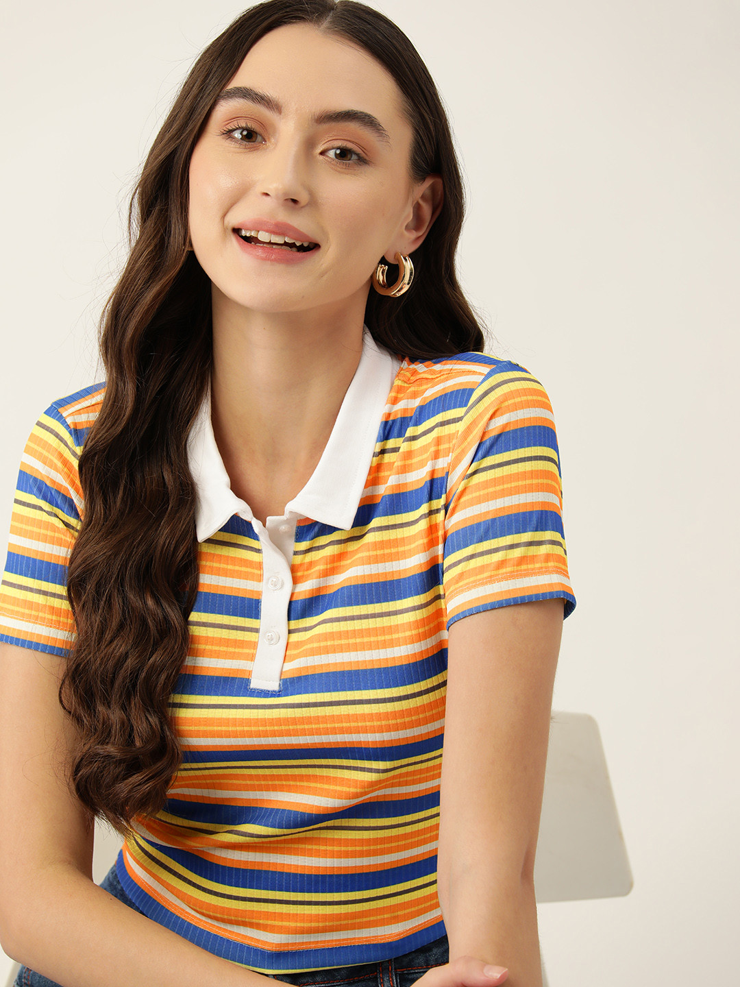 

DressBerry Striped Polo Collar T-shirt, Orange