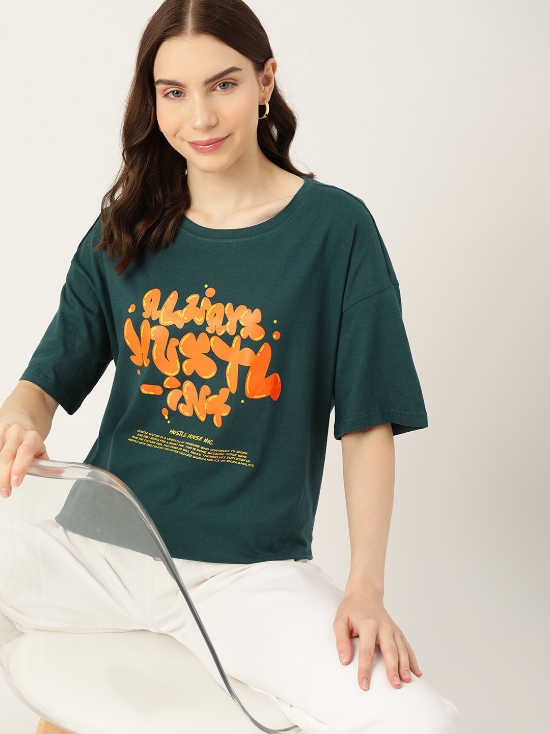 

DressBerry Typography Printed Drop-Shoulder Pure Cotton T-shirt, Green