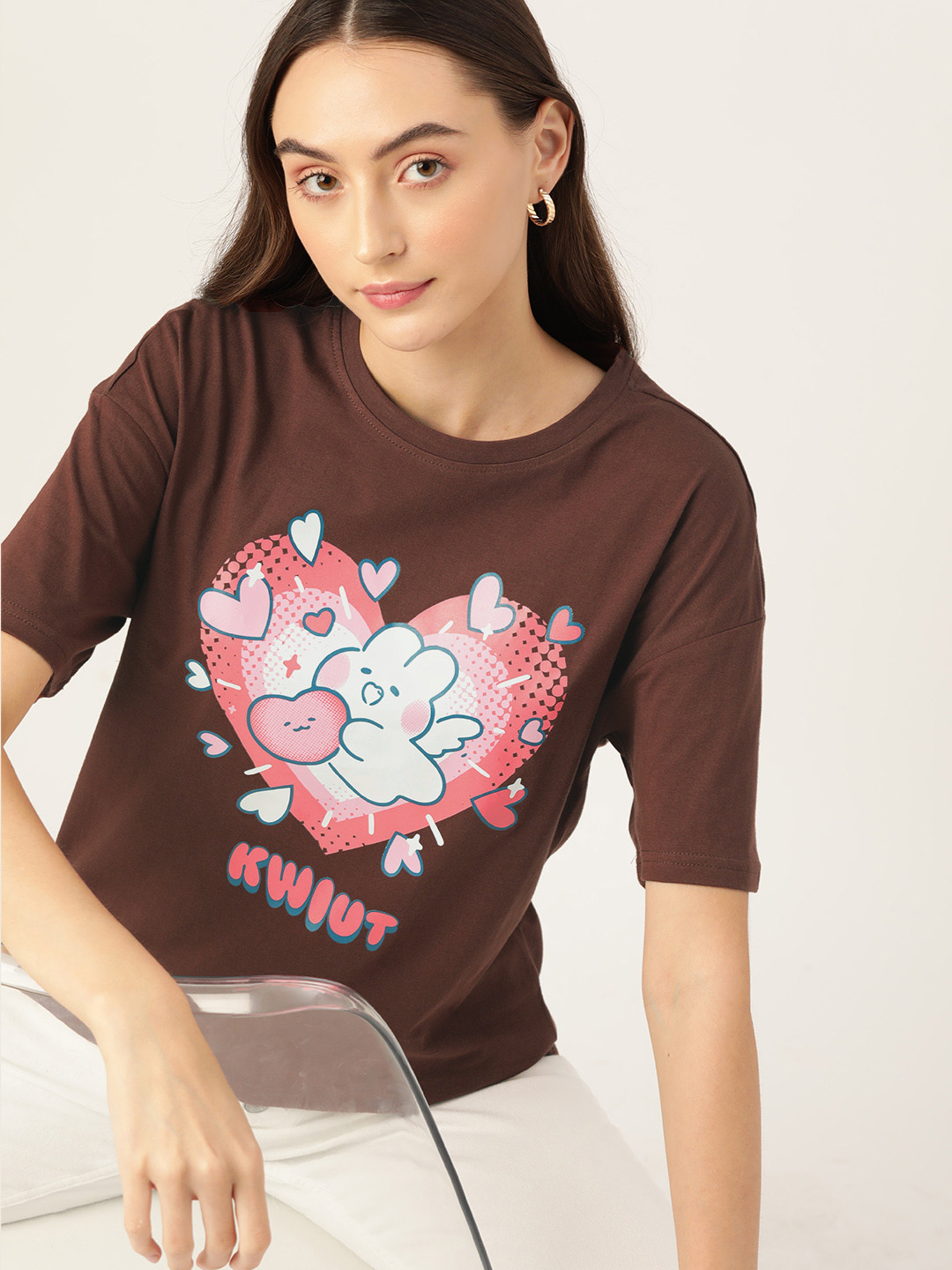 

DressBerry Printed Drop-Shoulder Sleeves Pure Cotton T-shirt, Brown