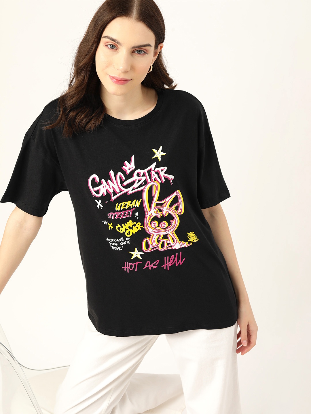 

DressBerry Typography Printed Drop-Shoulder Sleeves Pure Cotton T-shirt, Black