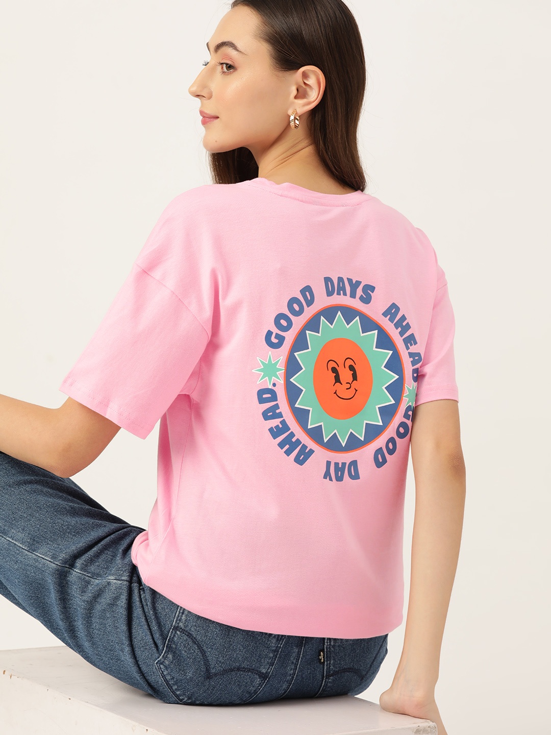 

DressBerry Back Print Drop-Shoulder Sleeves Pure Cotton T-shirt, Pink