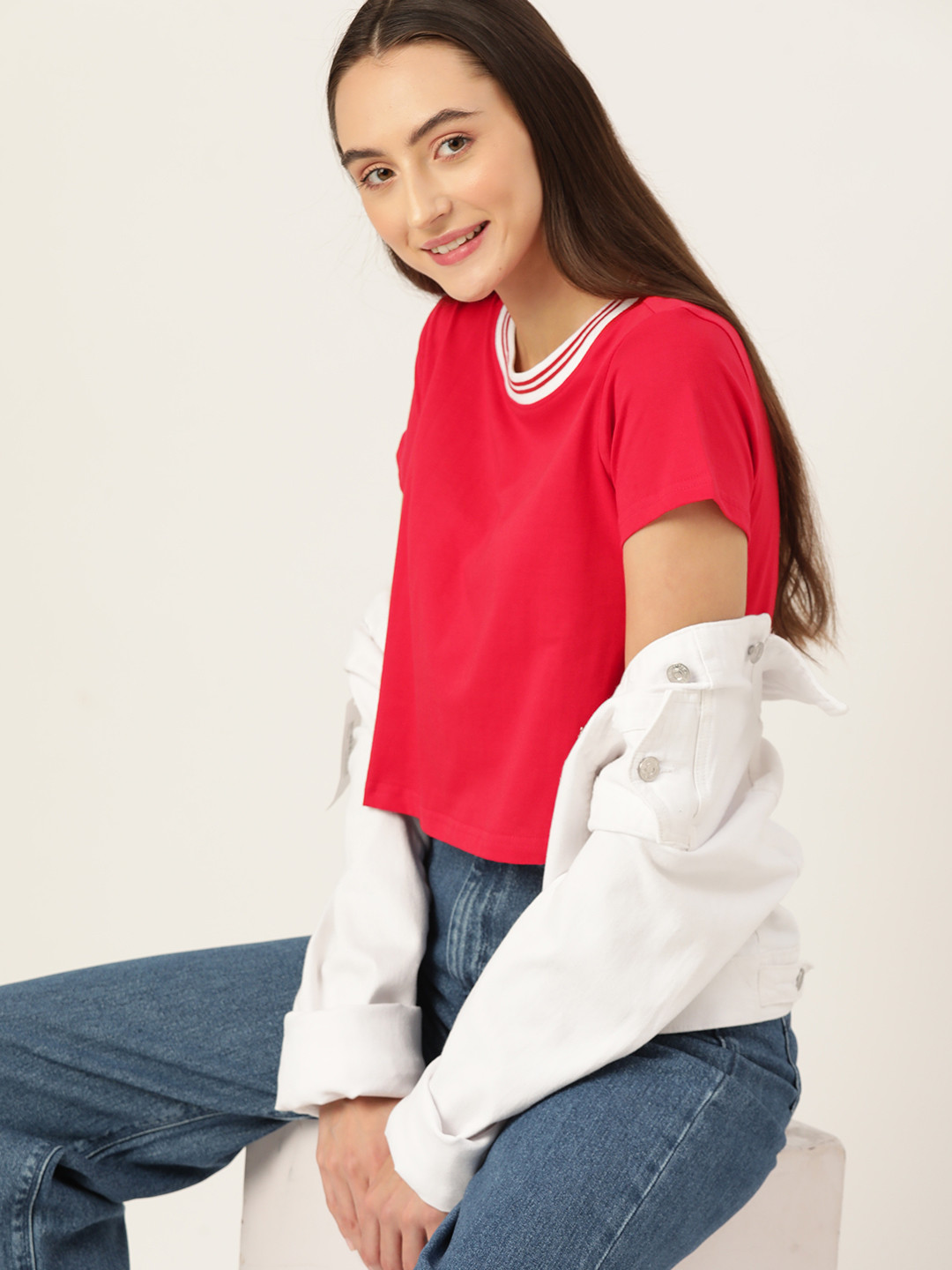 

DressBerry Pure Cotton Boxy Cropped T-shirt, Red