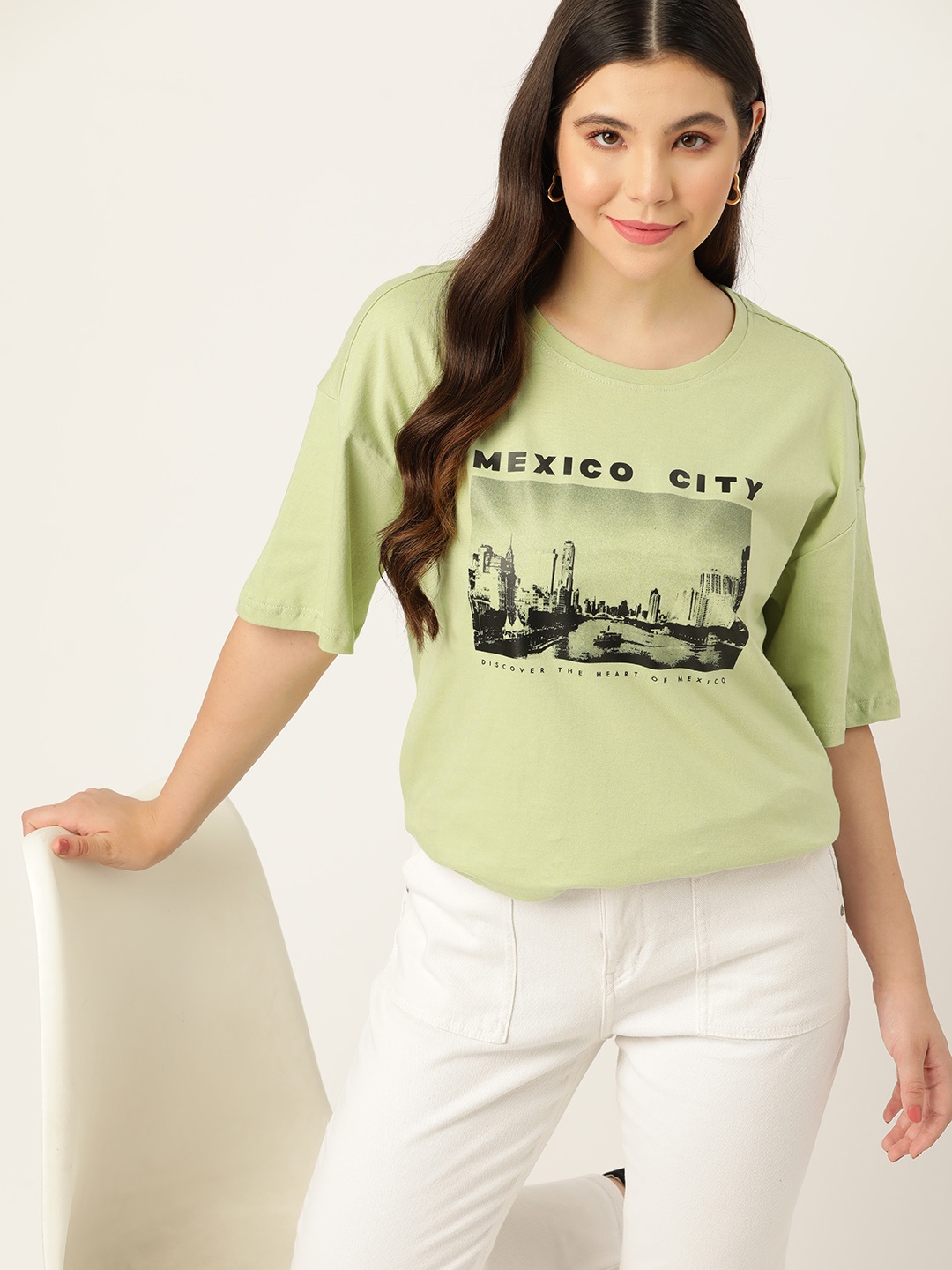 

DressBerry Printed Drop-Shoulder Sleeves Pure Cotton Relaxed T-shirt, Green