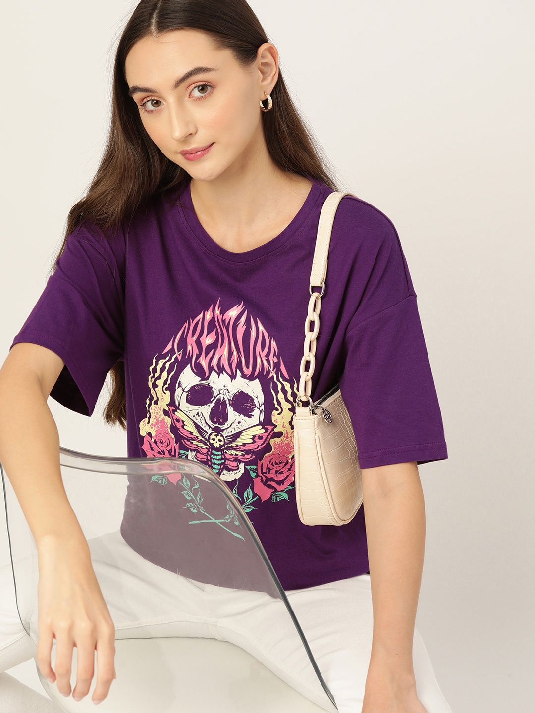 

DressBerry Printed Drop-Shoulder Sleeves Pure Cotton Relaxed Fit T-shirt, Purple