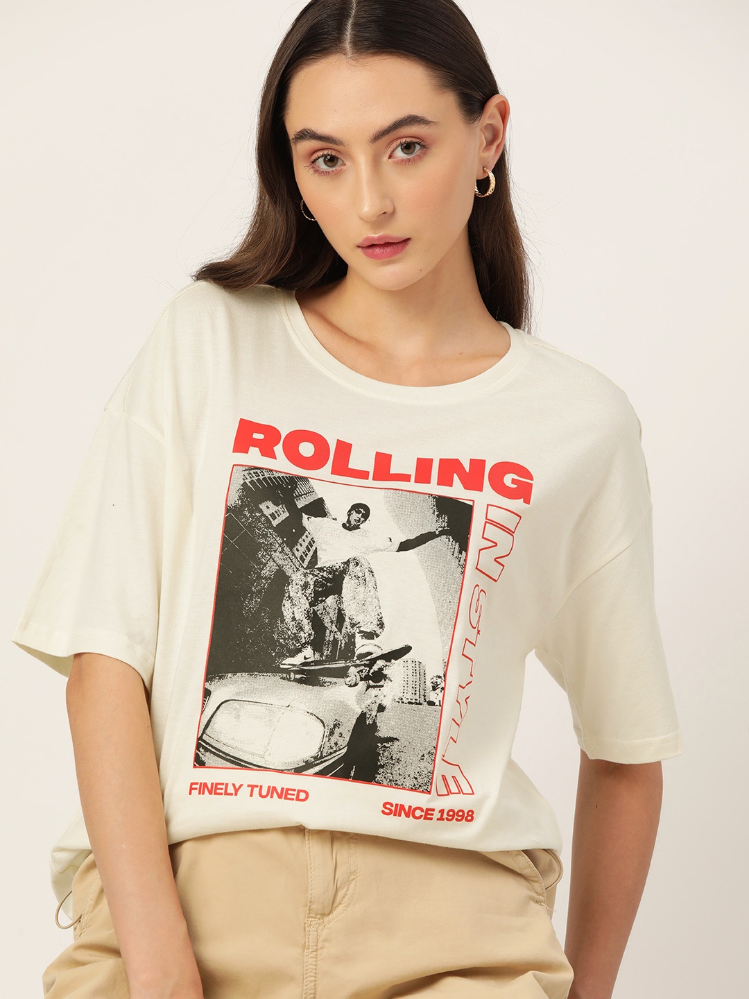 

DressBerry Printed Oversized Pure Cotton T-shirt, Cream