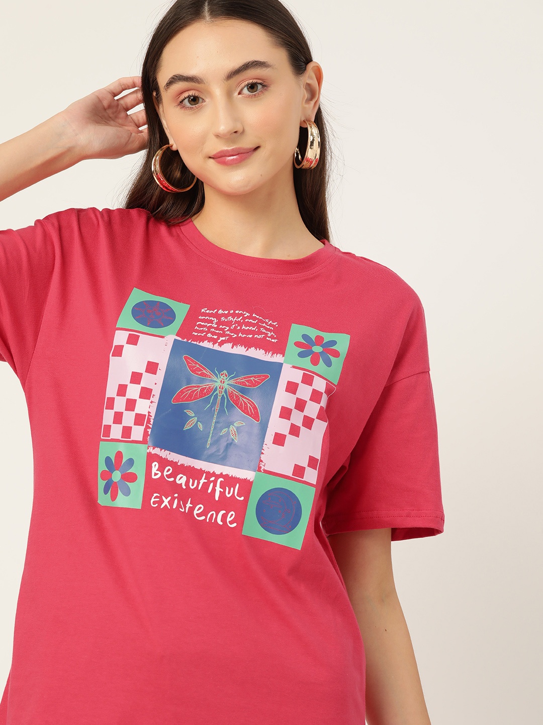 

DressBerry Women Printed Drop-Shoulder Sleeves Pure Cotton Oversized T-shirt, Pink