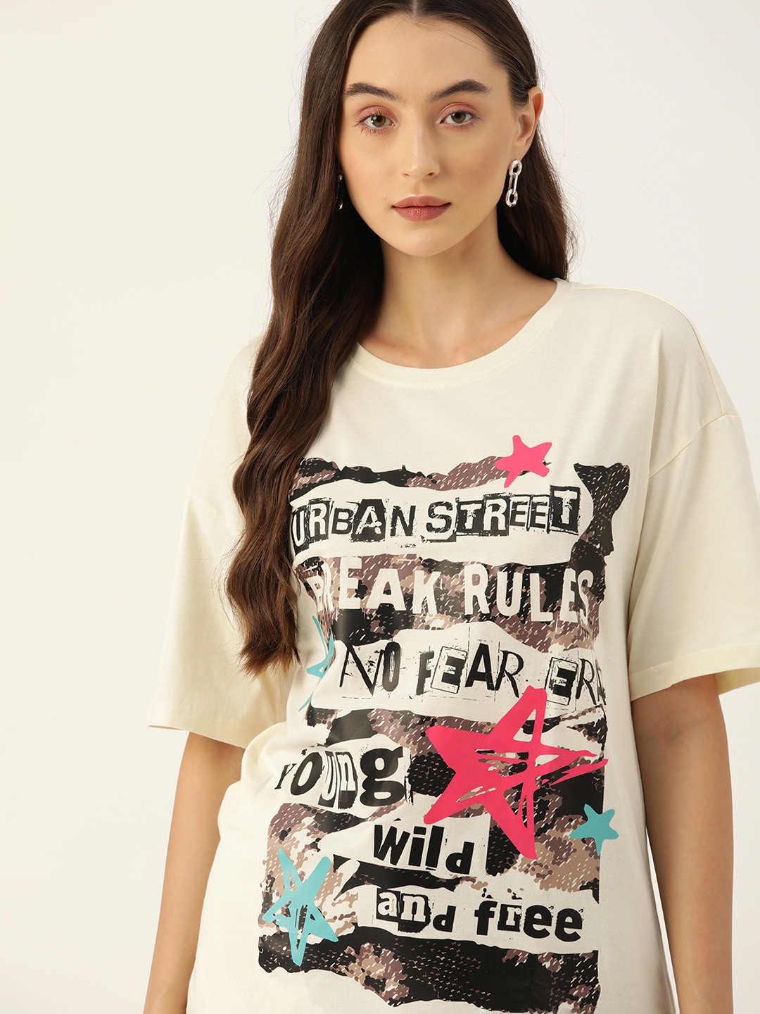 

DressBerry Typography Printed Pure Cotton T-shirt, Cream