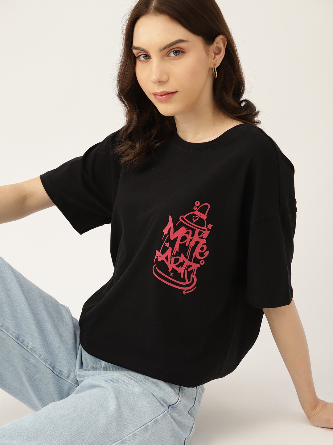 

DressBerry Pure Cotton Typography Printed Drop-Shoulder Sleeves T-shirt, Black