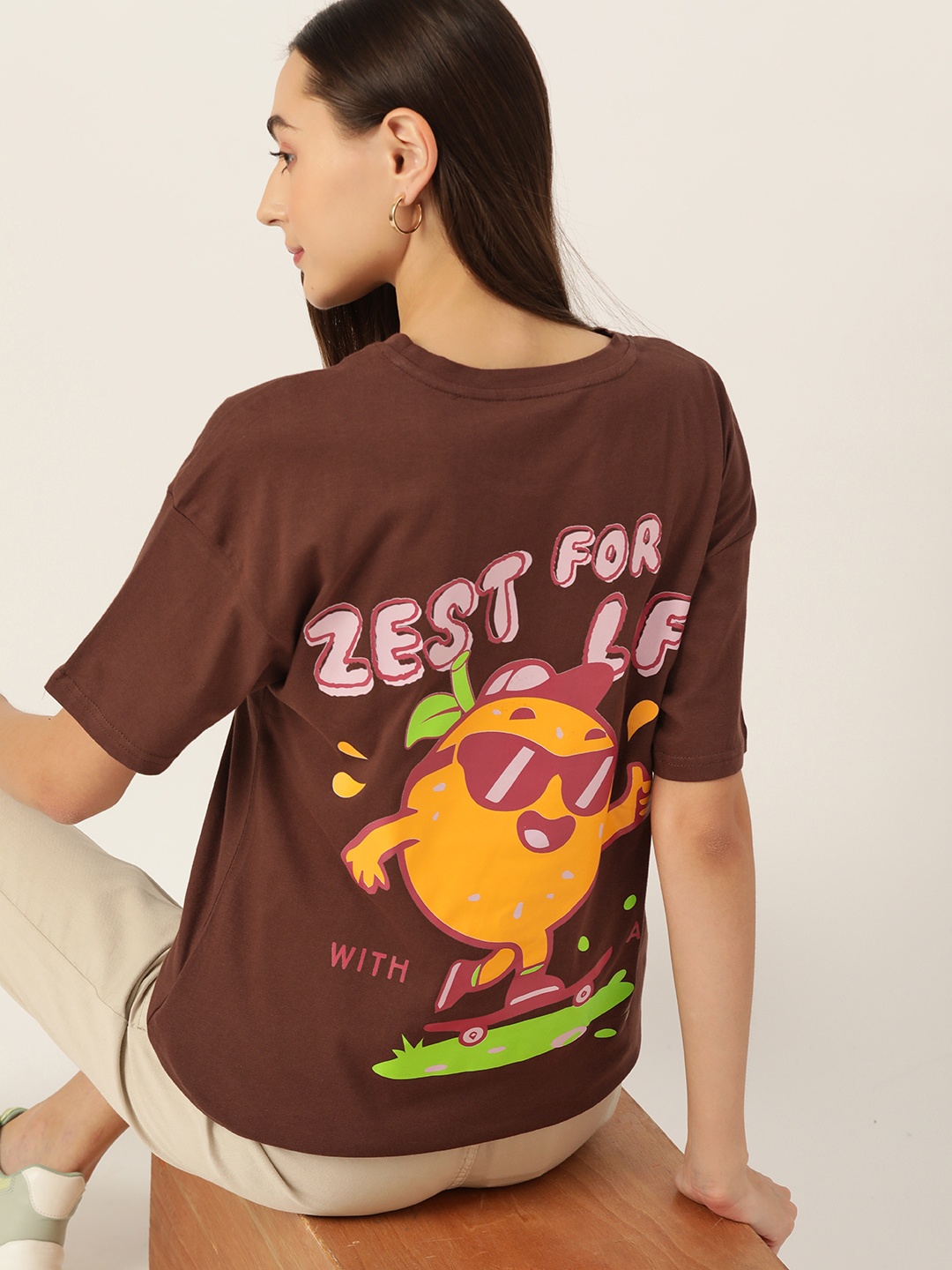 

DressBerry Women Printed Drop-Shoulder Sleeves Pure Cotton Oversized T-shirt, Brown